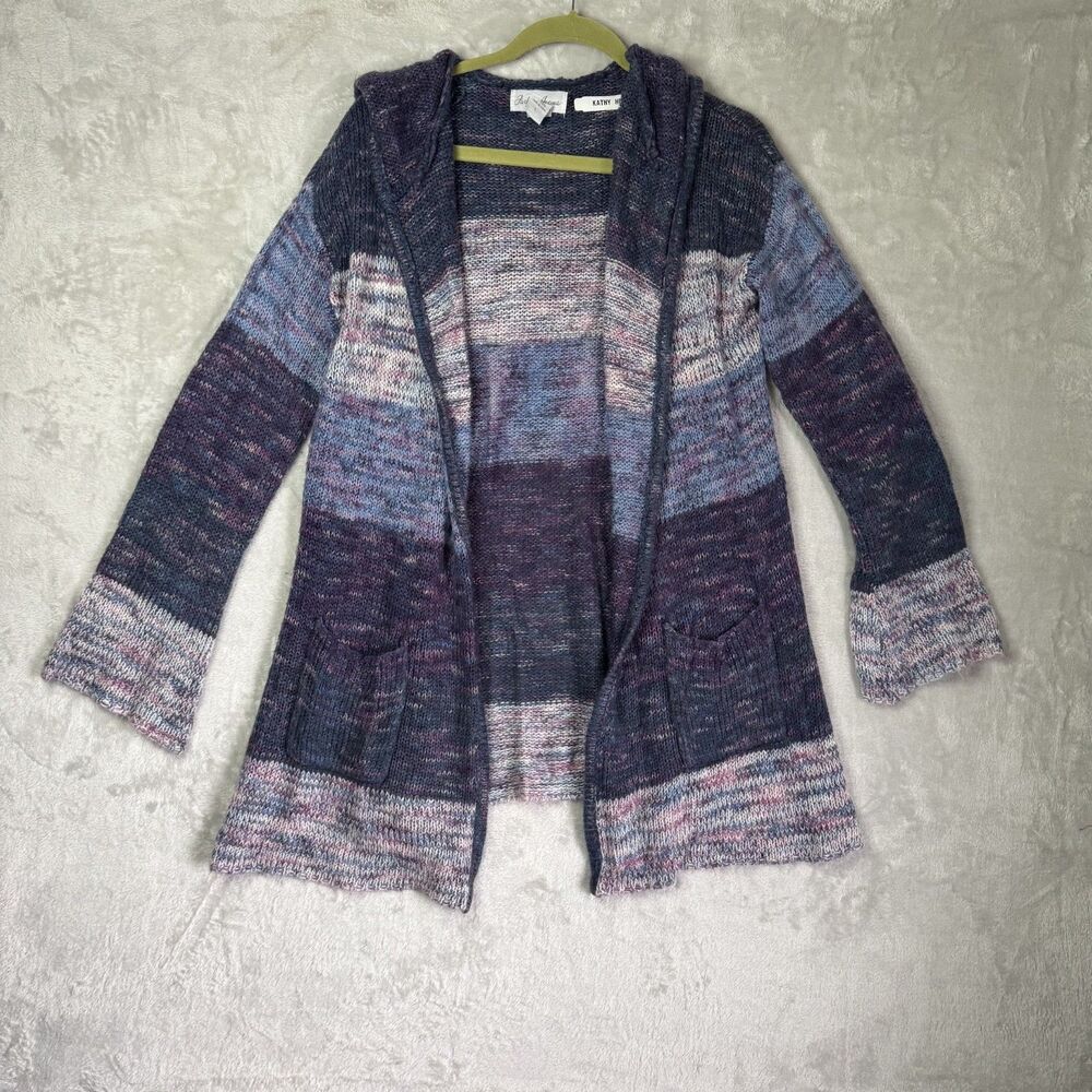 Patchwork Knit Cardigan Sweater Womens Large Hooded Whimsy Purple Blue Fairy